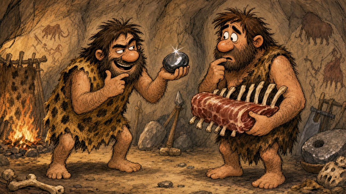 Caveman barter scam - trading painted rocks for real food