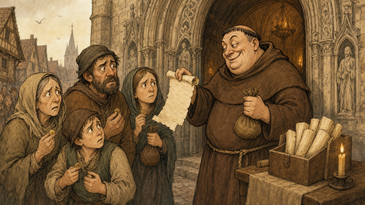 Medieval friars selling indulgences and snake oil