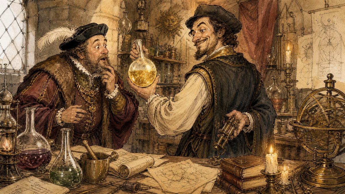 Renaissance alchemist pretending to turn lead into gold
