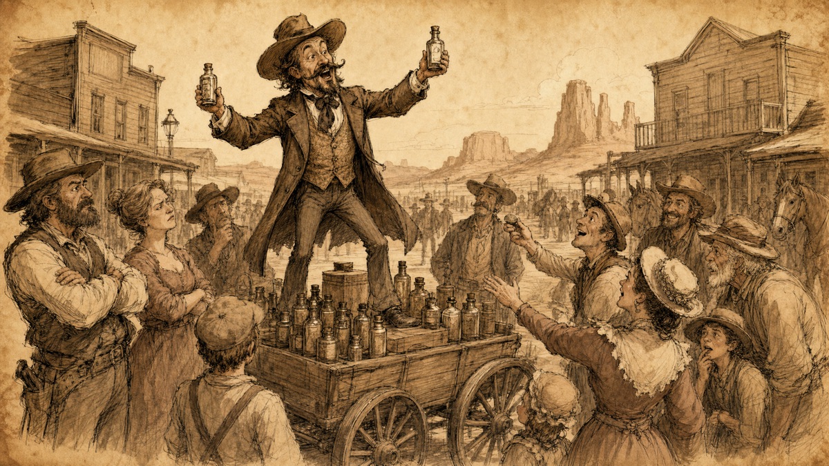 1800s snake oil salesman selling miracle cures from a wagon