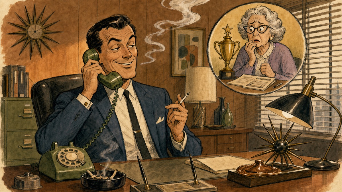 1960s phone scammer on a rotary phone